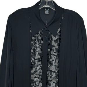 NWT ELLEN TRACY, 20, BLACK SILK BLOUSE W/ BLACK PAILLETTES DOWN FRONT OF BLOUSE